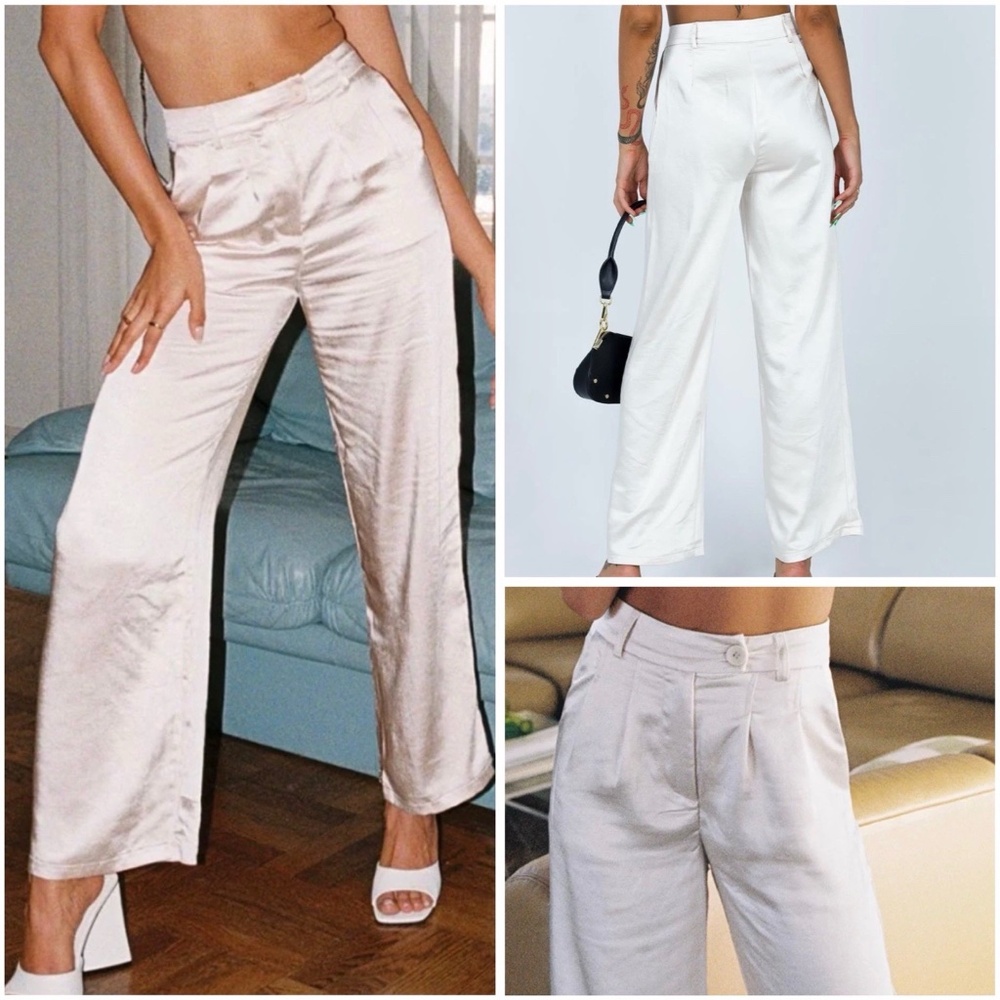 Princess Polly Huxley Satin Pants Champagne US 4 Wide Leg High Waist NWT Defect